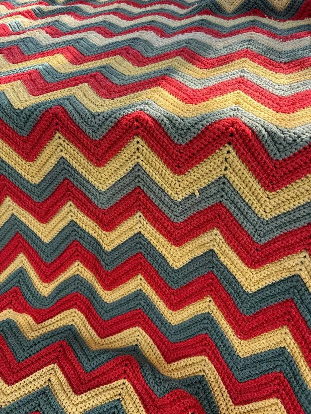 Vintage Crochet Chevron Afghan Blanket Red Yellow Green